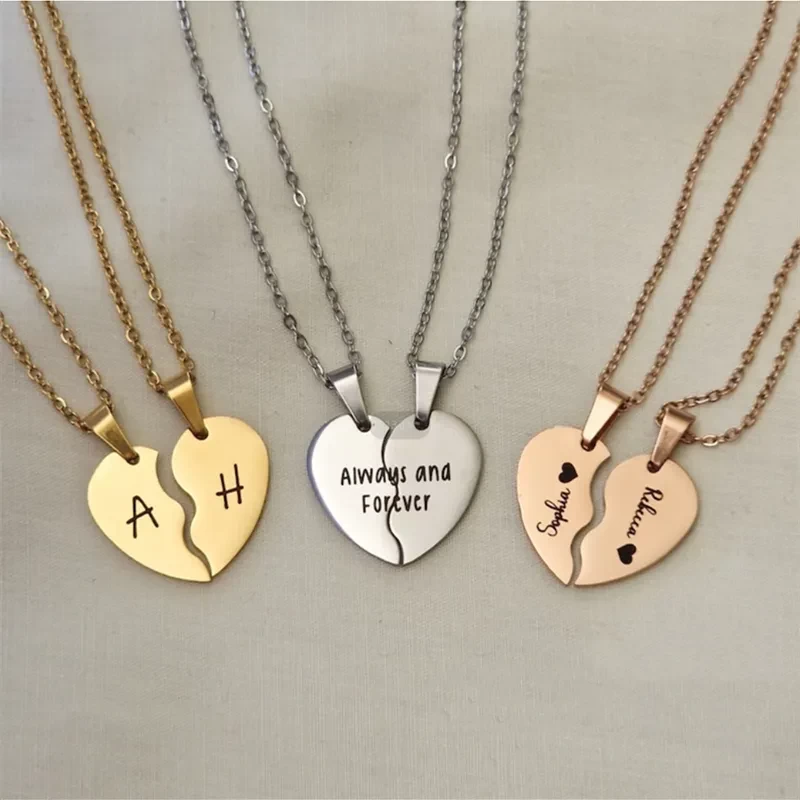 Half Heart TWO Necklaces Split Heart Broken Heart Engraved Heart Necklaces Best Friends Mother Daughter Sisters SET Gift Couples