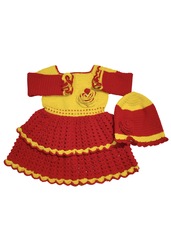 Adorable Red & Yellow Crochet Frock with Matching Cap for 2-Year-Old Baby Girl - Customizable Design