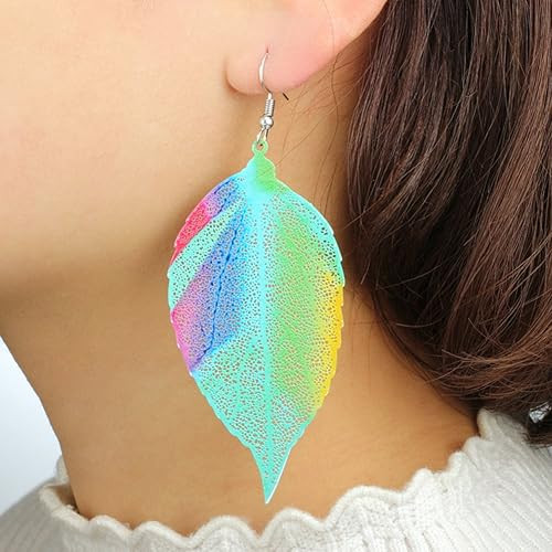 Afco Colorful Leaf Pendant Drop Hook Earrings Metal Hollow Statement Dangle Fashion Jewelry (Blue)