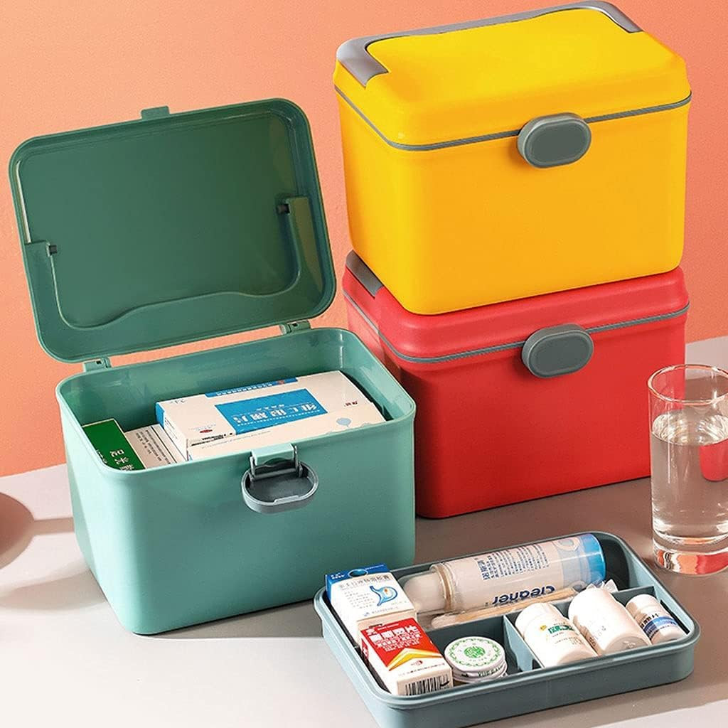 First Aid Kit 8.46 Inch Plastic Small First Aid Box Family Emergency Container Bin Medication Case Household Portable Handle Double Layer Medical Medicine Storage Box