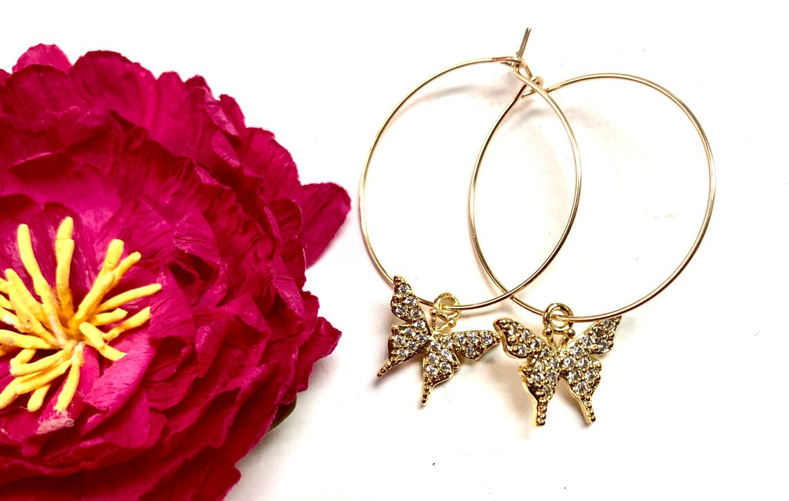 Gold Butterfly Earrings, Butterfly Hoop Earrings, Gold Hoop Earrings, Gold Hoops, Minimalist Earrings, Minimalist Jewelry, Summer Jewelry