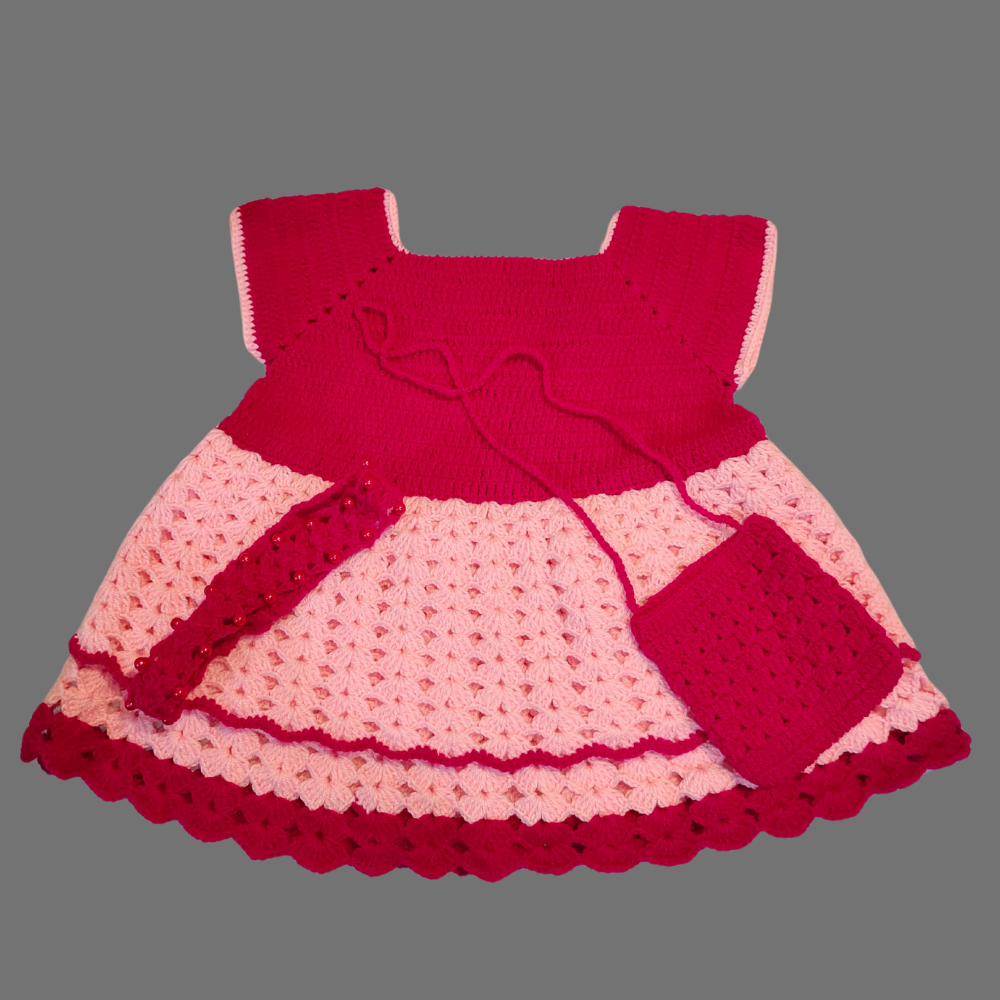 Charming Crochet Frock Set with Cross Shoulder Bag and Forehead Band