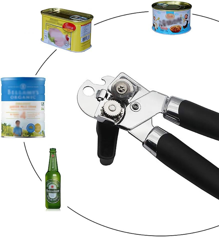 Manual Can Opener Stainless Steel Sharp Blade Manual Tin Opener Non-Slip Black Handle Food Grade Stainless Steel