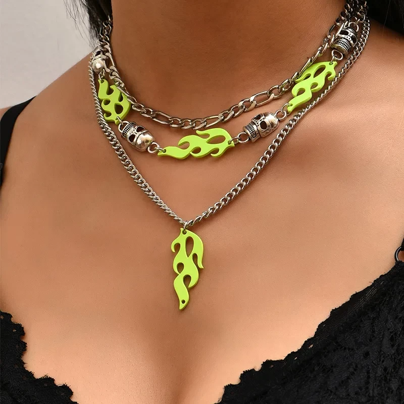 Fashionable Simple Punk Flame Skull Multilayer Chain Chokers Necklaces Statement Jewelry for Women Ladies Fashion Necklaces Collares