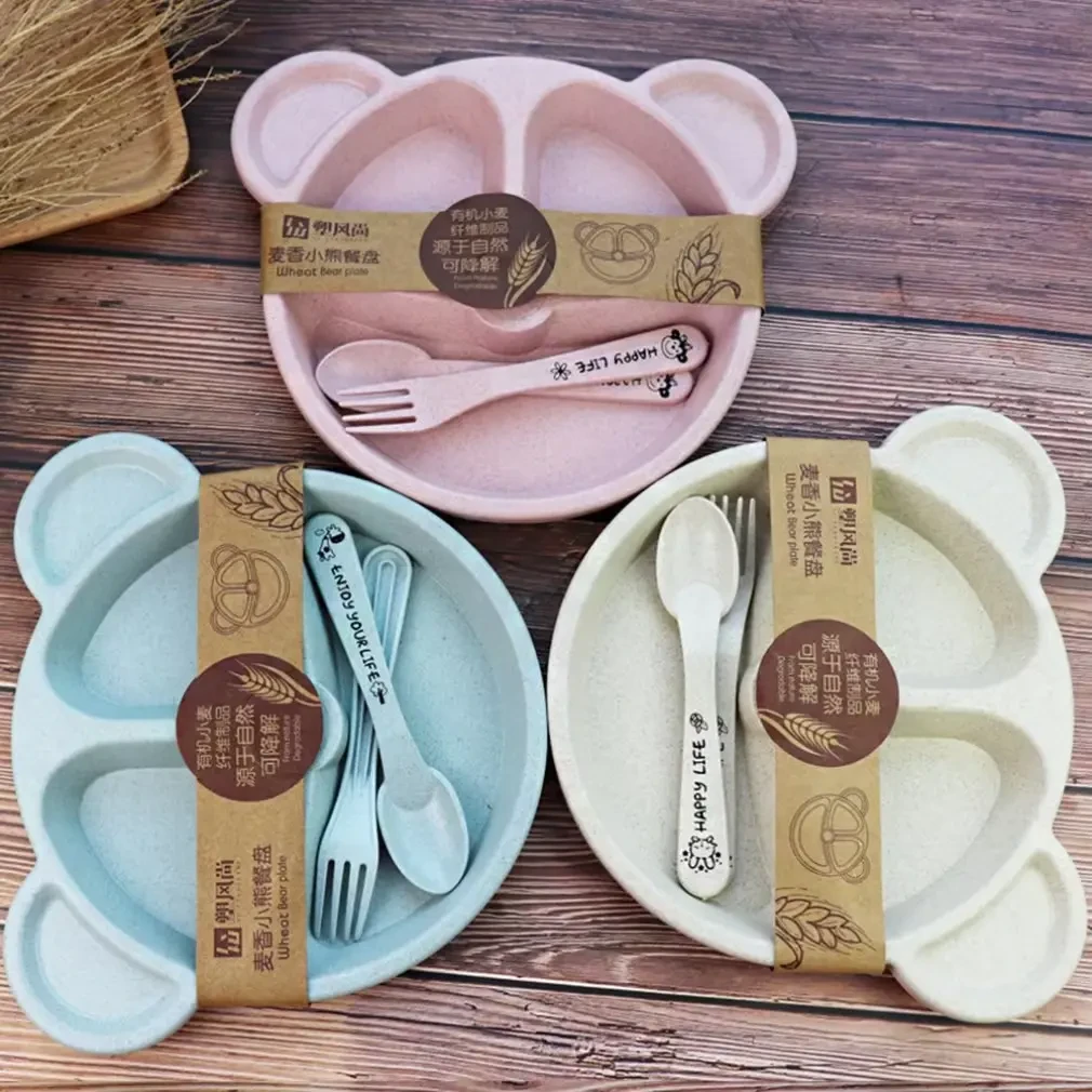 5Pcs/Set Baby Food Feeding Tableware Cartoon Bear Bowl+Spoon+Fork Eating Dinnerware for Children Dishes Kids Dinning Plate